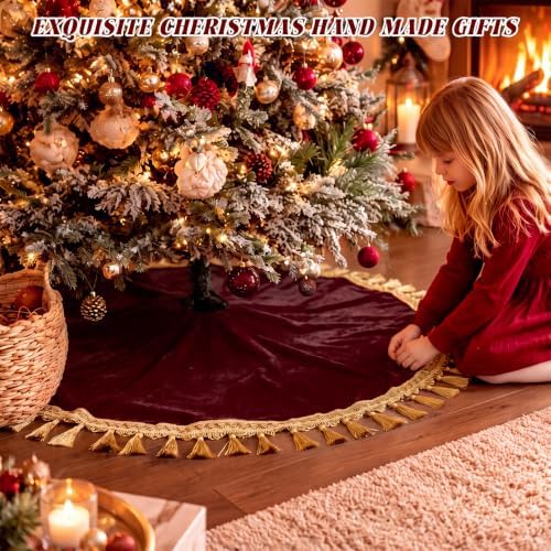 Blueweenly 48 Inch Burgundy Christmas Tree Skirt, Gold Tassel Edge - Image 4