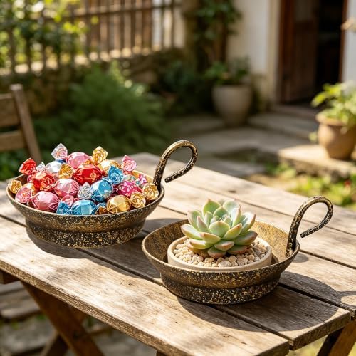 5" Wide Set of 2 Cast Iron Candle Holder with Handle in Rustic Gold for Pillar, Pillar Candle Holder, Farmhouse Vintage Style, for Mantels, Tabletops, Centerpieces, Entryways, Shelves - Image 5
