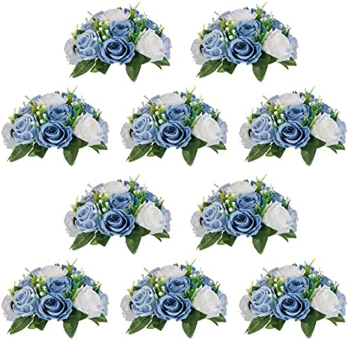 NUPTIO Flower Ball Arrangement Bouquet - 10 Pcs 9.5 inch Diameter Dusty Blue Fake Flowers Roses Balls for Centerpieces Tables - Artificial Rose Arrangements for Wedding Centerpiece Table Decorations by Nuptio