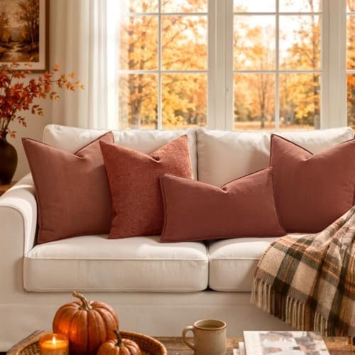 MIULEE Pack of 2 Fall Rust Euro Shams Chenille Pillow Covers 24x24 Inch - Image 2