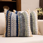 Boho Chenille Tufted Throw Pillow Covers 18x18 Inch Set of 2 Farmhouse Mixed Blue Woven Striped Decorative Pillowcases for Couch Sofa Bed by KOOLIFE