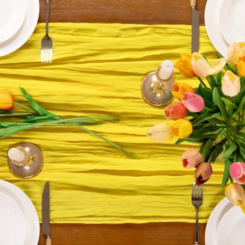 Yellow Cheesecloth Table Runner Boho Wrinkled Gauze Table Runners - Image 6