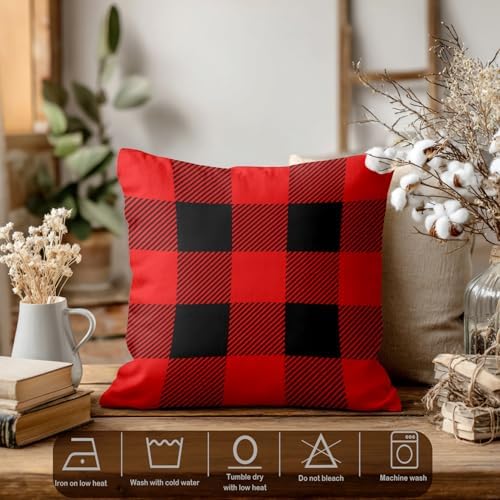 Batmerry Red Black Checkered Throw Pillow Covers, Red Gray Black Checkered Abstract Decorative Pillow Covers Digital Printing Blended for Couch Sofa Bed Invisible Zipper 26X26 in(Set of 2) - Image 3