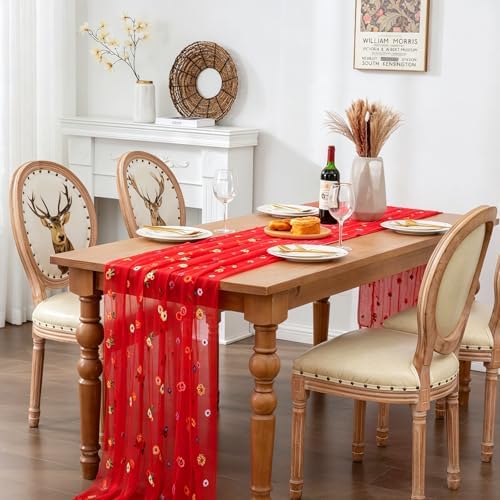 BINBE 12pcs Daisy Spring Table Runner Embroidery Gauze 10FT Florals Seasonal Tulle Holiday Birthday Kitchen Dining Table Decor for Home Party Red - Image 4