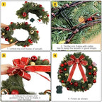 Juegoal 21 Inch Pre-Lit Christmas Wreath with Metal Hanger, Lighted Xmas Folded Wreath with 60 LED Lights, Red Bow and Colorful Balls, Battery Operated & Timer for Outdoor Home Window Wall Front Door - Image 5
