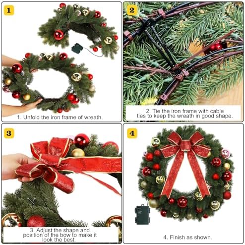 Juegoal 21 Inch Pre-Lit Christmas Wreath with Metal Hanger, Lighted Xmas Folded Wreath with 60 LED Lights, Red Bow and Colorful Balls, Battery Operated & Timer for Outdoor Home Window Wall Front Door - Image 5