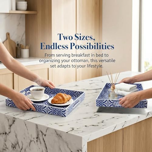 2 Pack Serving Tray with Handles, Rectangular Decorative Trays for Coffee Table, Modern Blue Plastic Ottoman Tray for Living Room, Bathroom, Kitchen, Decor, (Boho Blue) - Image 4