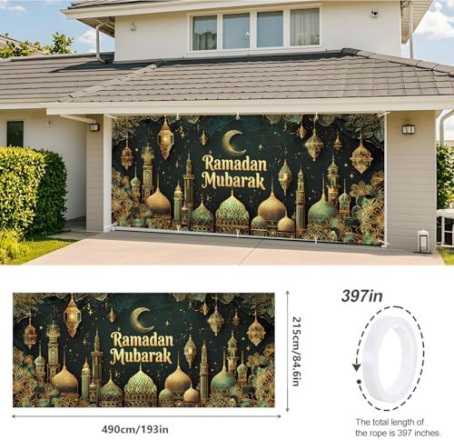 Ramadan Mubarak Garage Door Banner 7x16FT, Islamic Crescent Moon & Lanterns Design, Outdoor Decoration for Ramadan and Eid Celebrations - Image 3