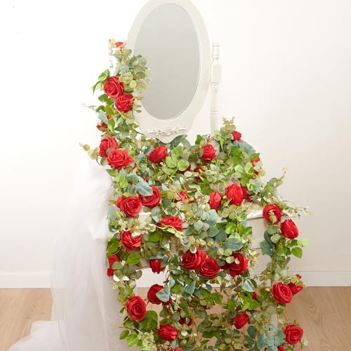 Artificial Flower Garland 2pcs 5.4ft Floral Peony Vine Decor, Red Flower by PONKING