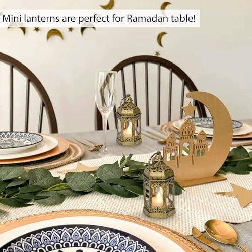 LLQ 12Pcs 5-Inch Ramadan Mini Lanterns - Ramadan & Eid Mubarak Decorations - Vintage Table Centerpieces for Wedding&Christmas Decor - LED Flickering Lantern Light for Hang Ornaments(Brushed Brass) - Image 2
