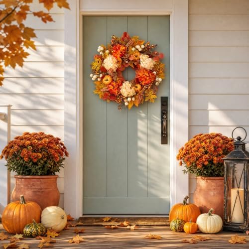 24 Inch Fall Wreath for Front Door, Artificial Autumn Leaves with Pumpkins - Image 3