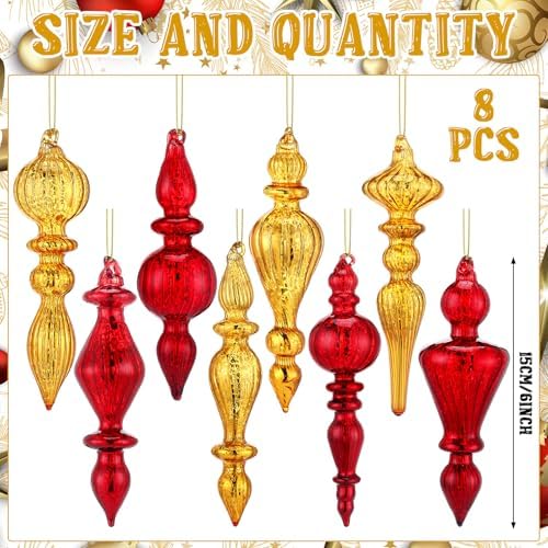 Mifoci 8 Pcs 6 Inch Mercury Glass Finial Christmas Ornaments,Red, Gold - Image 3