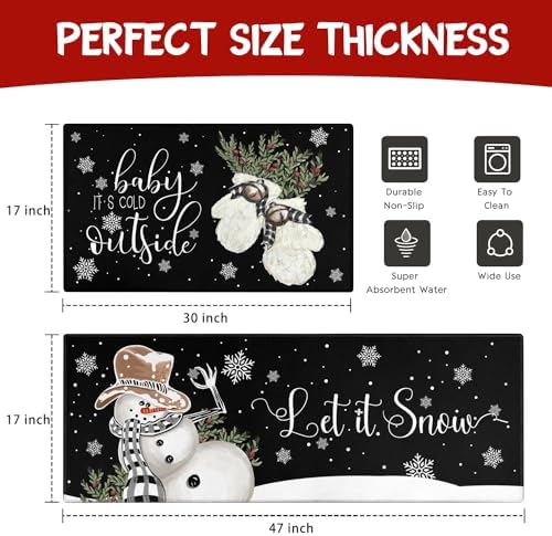 Christmas Kitchen Rugs and Mats Set of 2,Winter Snowman Let It Snow Snowflake Knitted Gloves Xmas Holiday Sink Floor Mat Non Skid Washable for Home Farmhouse Christmas Decor 17"x47"+17"x30" - Image 6