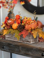 DILATATA Fall Decor Autumn Harvest Pumpkins Centerpiece - Artificial Peony Maple Leaf and Pinecones Arrangement in Rectangle Wooden Box for Thanksgiving Party Mantel Fall Decor - Image 7