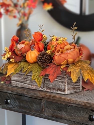 DILATATA Fall Decor Autumn Harvest Pumpkins Centerpiece - Artificial Peony Maple Leaf and Pinecones Arrangement in Rectangle Wooden Box for Thanksgiving Party Mantel Fall Decor - Image 7