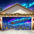 Northern Lights Christmas Garage Door Banner Mural Santa Sleigh Reindeer Flying Over Snow Mountain Town Backdrop Large 7x16ft Winter Holiday Outdoor Wall Decor - Durable Fabric Cover for Home Xmas by LEIWEIHOPE