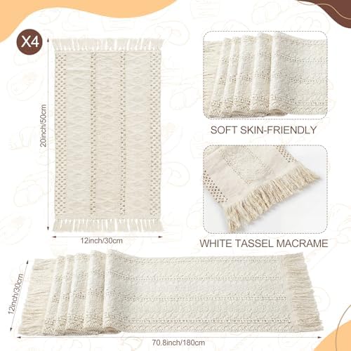 4 Sets White Kitchen Decor,Table Setting Decor with Round Woven,Rectangular,Wooden Bead Napkin Rings,Cloth Napkins,Table Runner & Storage Basket,Natural Burlap Cotton for Kitchen Dining Table Home - Image 3