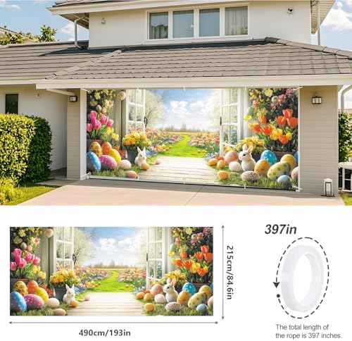 ANNA QUEEN Garden View Easter Garage Door Banner 7x16FT, Spring Flowers Easter Eggs Bunnies Garage Door Cover, Outdoor Decoration for Yard, Garage & Front Door - Image 3
