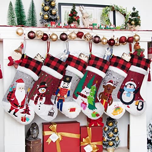 Burlap Gray Red Non-Woven Fleece Fabric Lovely Embroidery Pattern Set of 6 Christmas Stocking for Family Decorations Hanging Ornament for Xmas Holiday Party 20 inches - Image 2