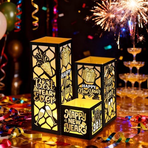 VIHOSE 12 Sets Happy New Year Centerpieces for Table 2026 New Years Lanterns with Candle Black and Gold Glitter Table Decorations for 2026 Eve Party Decoration Supplies by VIHOSE