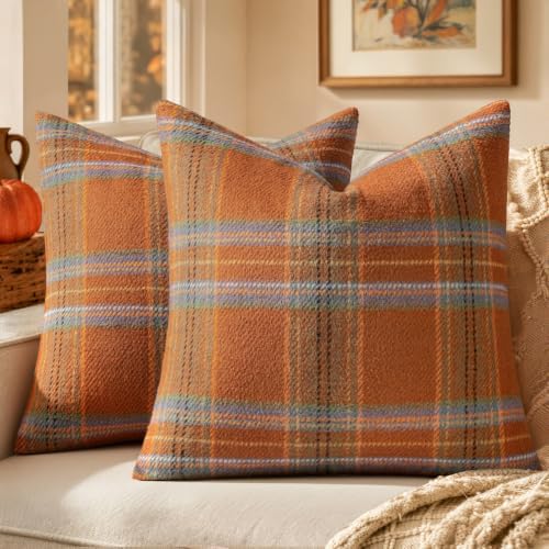 MIULEE Fall Plaid Decorative Euro Sham Pillow Covers Set of 2 24x24 Orange by MIULEE