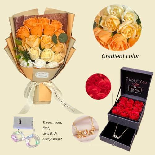 EIGHTOWN Roses Bouquet Artificial Flower - Preserved Orange Rose Flowers with Love Necklace for Her - Unique Gifts Valentine's Day, Mother's Day, Thanksgiving, Birthday, Anniversary - Image 5