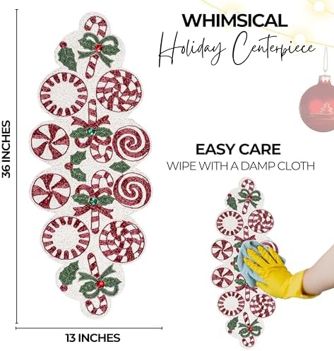 CLEENTABLE Christmas Beaded Table Runner, Red & White, 13x36 - Image 4