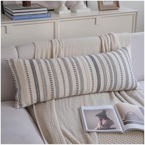 Cethom Grey Boho Lumbar Pillow Covers 14x36 Long, Stripe Textured Decorative Couch Pillow Cases for Bed, Sofa, Living Room, Bedroom, Farmhouse Home Accent Cushion Covers, Pack of 1 by Cethom