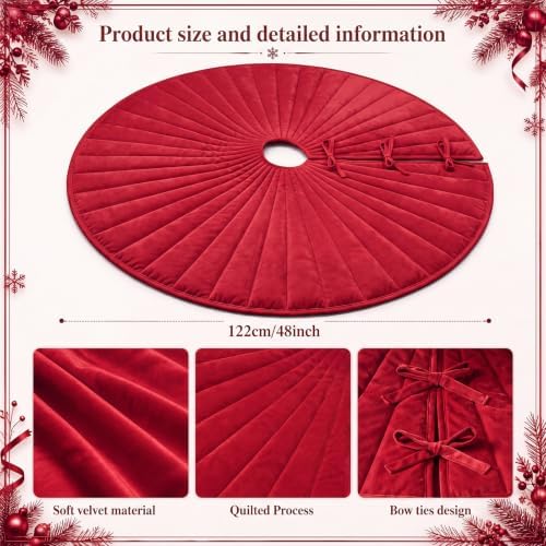 48 Inch Dusty Velvet Quilted Christmas Tree Skirt, Red - Image 4