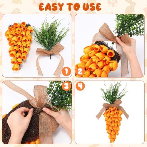 Suncalla 1 Pack Easter Tulip Carrot Wreath Decoration, 24 Inch Spring Artificial Orange Carrot Wreath Decor with Green Branches Spring Flower and Easter Egg for Home Door Wall Mantel Window Decor - Image 3
