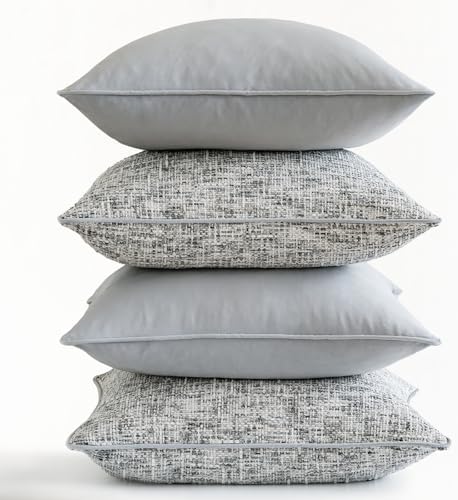 a moment Grey 4 Pack Throw Pillow Covers - Chenille & Velvet Set with Piping, Farmhouse Textured Design Pillow Cases for Couch Sofa Bed Livingroom (18x18 Inch, No Insert) - Image 6