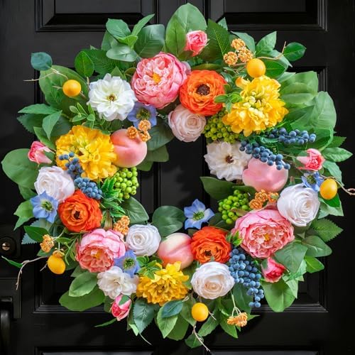 Pinkpuii Spring Wreaths for Front Door 24 Inch Vibrant Spring Summer Wreath with Peonies,Roses,Marigolds,Blueberries & Realistic Fruit Accents (Peach, Lemon)- Ideal for Porch,Entryway,Wall,Window by Pinkpuii