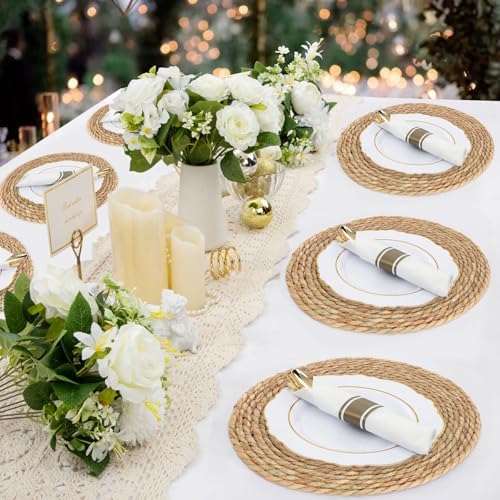 Round Woven Placemats Set of 12，13.8 Inch Natural Rattan Placemats Hand-Woven Water Hyacinth Placemat Farmhouse Rustic Braided Boho Wicker Table Mats for Dining Table Wedding Home (13.8 Inch) - Image 6