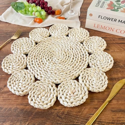 IcosaMro 13.8" Boho Placemats Set of 6 Round Woven Placemats Natural Table Place Mats for Dinning Table Indoor & Outdoor Wicker Wicker Charger Plates for Wedding Christmas Thanksgiving Events - Image 2