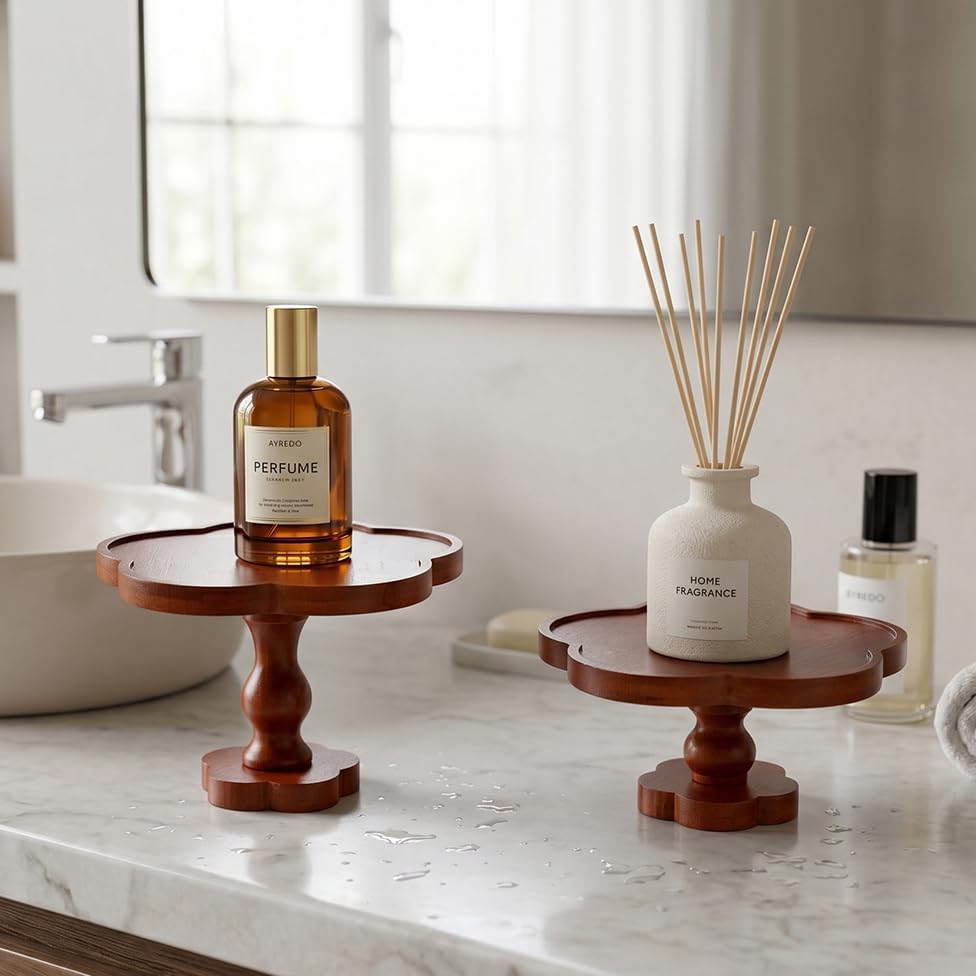 Candle Holders for Candlesticks – Boho Set of 2 Five-Petal Flower-Shaped Bamboo & Wood Candlesticks, Spacious Top Tray Fits Large Pillar Candles & Holds Decor, Rustic Table Centerpiece - Image 5