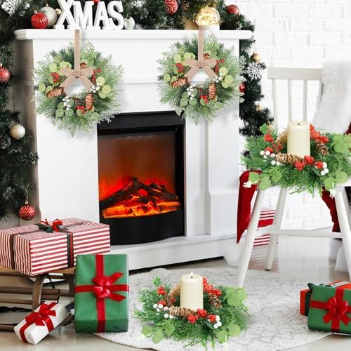 8 PCS Christmas Mini Cabinet Wreath for Kitchen with Ribbon Artificial Eucalyptus Cedar Hanging Garland with Red Whilt Berries Pine Cones for Swag Table Centerpiece Door Window Chair Wall Winter Decor - Image 4