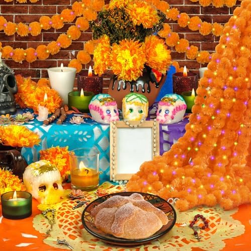 Thiccywoov 8 Pcs 5 Ft Marigold Garland with LED Halloween,Light Orange - Image 2