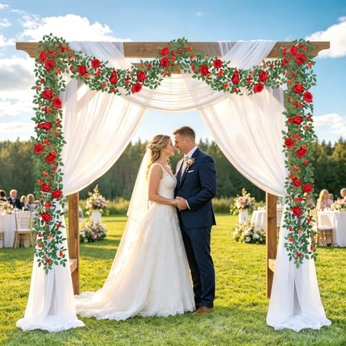 12FT Artificial Flower Garland 2 PCS Fake Red Silk Rose Vines Home Decor - Image 4