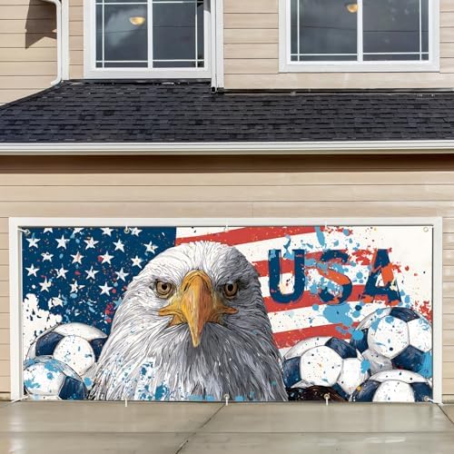 USA Soccer Garage Door Banner Decorations, 7x16ft Large Ameri can Flag Bald Eagle Football Mural, 2026 World Cup Outdoor Decor for Double Garage Door, Patriotic Party Supplies Wall Backdrop by THISFIND