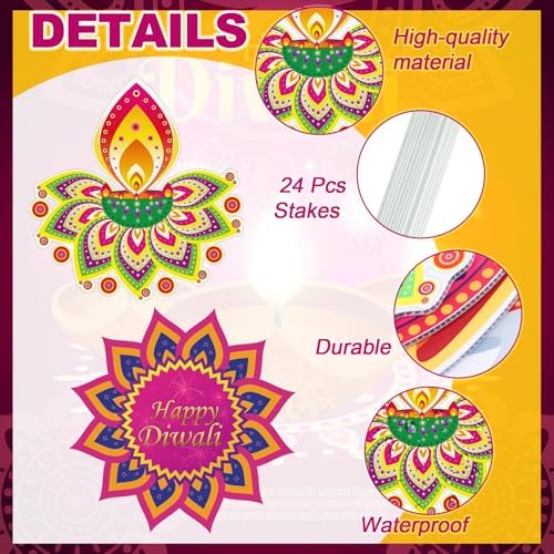 12 Pcs Happy Diwali Yard Sign Lawn Lights Festival Party Signs Decor with 24 Pcs Lawn Stakes Waterproof Happy Diwali Outdoor Decorations for Indian Deepavali Holiday Garden Yard Decor - Image 4