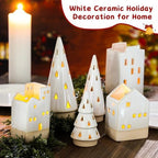 Beeveer 6 Pcs Christmas Ceramic Buildings Decoration, 4.4" to 9.4" White Christmas Tree & Houses Tealight Candle Holders Centerpiece Set for Winter Holiday Village Tabletop Mantel - Image 5