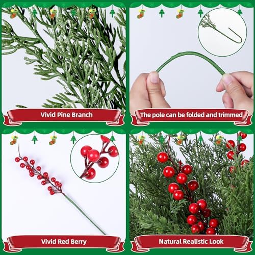 Cedar Stems Artificial Norfolk Pine Branches for Christmas Decor, 12 PCS Fake Pine Stems with 3 PCS Red Berries Branches Realistic Fake Plants Faux Greenery for Vases DIY Garland Xmas Table Indoor - Image 6