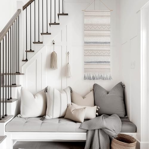 BlissBlush Long Vertical Wall Hanging Tapestry Woven Boho Farmhouse Decor Gray Cream Tassel Handmade Wall Art Decoration for Bedroom Living Room Dorm Nursery Apartment, 16x39 INCH - Image 4