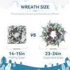 Winter Wreath for Front Door, 24 Inch Christmas Snow Covered Artificial Door Wreath with Purple Peonies, Green Leaves, Pine Cones and Berries, Winter Decor for Indoor or Outdoor - Image 5