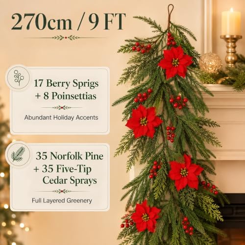 9 FT Artificial Christmas Garland, Faux Pine Greenery for Mantel - Image 3