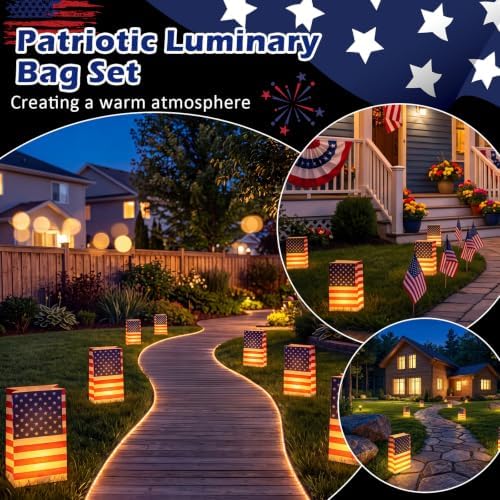 Sabary 100 Pcs Patriotic Luminary Bags USA Flag Flame Resistant Candle Reusable Paper Lantern for Independence Day 250 Anniversary Memorial Day Decorations Diwali Veterans Party - Image 6