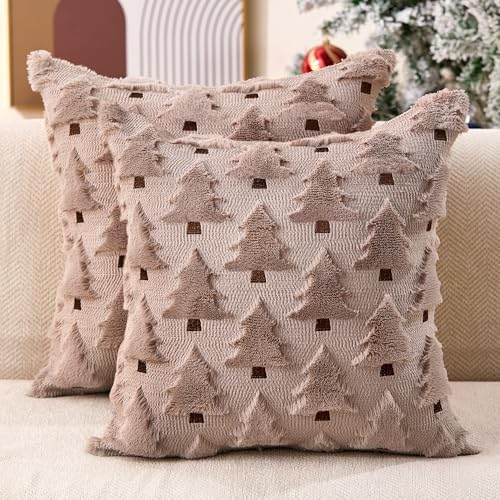 Allorry Christmas Pillow Covers 20x20 inch Set of 2 Grey Christmas Decorations Soft Plush Faux Fur Wool Christmas Tree Throw Pillow Cases Winter Holiday Decor for Sofa Living Room PT002I20 by Allorry