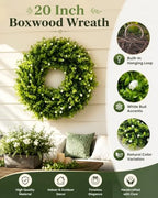 20" Boxwood Wreath for Front Door, Everyday Green Wreath with White Flowers - Image 5
