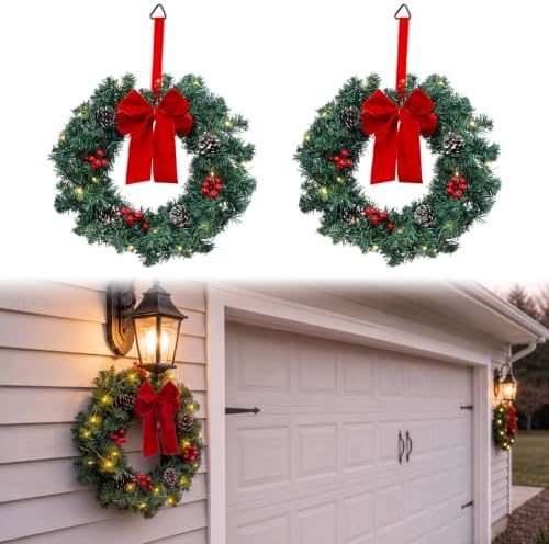 Norme 2 Packs Pre-lit Mini Christmas Garage Wreaths, 14 Inch by Norme