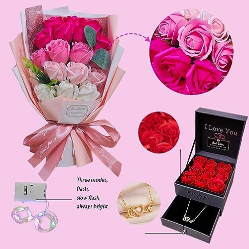 EIGHTOWN Roses Bouquet Artificial Flower - Preserved Red Flowers with Love Necklace for Her - Unique Gifts Valentine's Day, Mother's Day, Thanksgiving, Birthday, Anniversary… (Hotpink) - Image 2